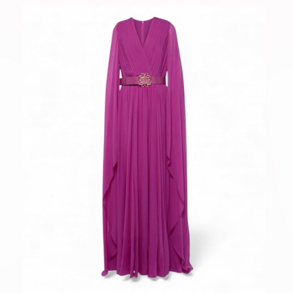 Elie Saab
Pleated V-Neck Belted Slit Silk Dress